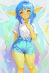 blue_hair bottomwear clothing female green_body green_skin hair heart_(marking) humanoid_pointy_ears looking_at_viewer markings not_furry pointy_ears shirt shorts simple_background smile solo topwear white_clothing white_shirt white_topwear shchrit goblin humanoid 2023 digital_media_(artwork) hi_res