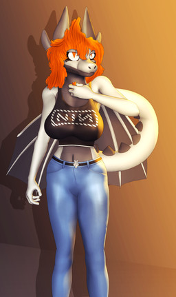 anthro black_clothing black_sclera black_shirt black_tank_top black_topwear bottomwear breasts clothed clothing denim denim_bottomwear denim_clothing female grey_body grey_scales hair jeans orange_hair orange_pupils pants pupils scales shirt solo spiked_tail spikes spikes_(anatomy) tail tank_top topwear wings conditional_dnp gusta mythology sketchella_(gusta) dragon mythological_creature mythological_scalie scalie hi_res