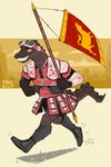 anthro armor boots ceasars_legion clothing eyewear flag flag_(object) flagpole footwear gloves goggles handwear holding_object holding_pole lizard_tail looking_forward male military red_eyes running shoes smile socks soldier solo tail teeth teeth_showing warrior mawkvlt fallout microsoft crocodilian lizard reptile scalie 2:3 hi_res