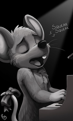 accessory anthro bow_ribbon cheek_tuft chest_tuft facial_tuft furgonomics head_tuft keyboard_instrument male musical_instrument nude open_mouth piano playing_music playing_piano ribbons simple_background singing sitting solo tail tail_accessory tail_bow tail_ribbon tuft whiskers young young_anthro young_male pandapaco mammal mouse murid murine rodent hi_res monochrome