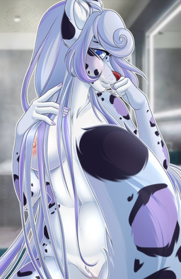 anthro bathroom blue_eyes breasts embarrassed female fluffy fur grey_hair hair highlights_(coloring) multicolored_body multicolored_fur multicolored_hair neck_tuft nude nude_anthro nude_female pose purple_highlights shy skinny solo spots tuft chrysanthemummy shirt_cut_meme aurora_(snowrora) felid mammal pantherine snow_leopard hi_res meme pinup