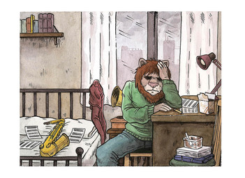 alto_saxophone anthro bed biped chair clothed clothing cutlery desk fork furniture gramophone inside kitchen_utensils lamp male music musical_instrument paper pencil_(object) saxophone sitting solo table text thinking thoughtful_expression tools tupperware wind_instrument window woodwind_instrument rayfkm naima_lion felid lion mammal pantherine english_text sketch