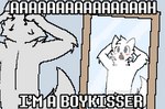 anthro black_eyes blush boy_kisser_(meme) domestic_cat english_text fangs felid feline felis fur hard_translated kaycraftytrus male mammal meme mirror scared silly_cat_(mauzymice) simple_background simple_eyes solo surprised_expression surprised_face tail teeth text translated white_body white_ears white_fur white_tail