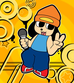 anthro beanie bottomwear clothing electronics floppy_ears footwear frutiger_metro gesture hand_gesture hat headgear headwear male microphone open_mouth oversized_bottomwear oversized_clothing oversized_pants pants shirt shoes solo topwear v_sign y2k_(graphic_design) yellow_body bugisinx_(artist) parappa_the_rapper sony_corporation sony_interactive_entertainment canid canine canis domestic_dog humanoid mammal hi_res
