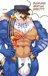 abs anthro biceps blue_body blue_feathers bottomwear clothing feathers hat headgear headwear jewelry loincloth male muscular muscular_anthro muscular_male navel neck_tuft nipples pecs simple_background solo text tuft white_background monochrome_kg lifewonders tokyo_afterschool_summoners horus_(tas) avian bird falcon falconid hi_res indonesian_text translated translation_check