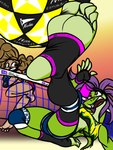 5_fingers 5_toes anthro ball brown_hair clothed clothed_anthro clothed_female clothed_human clothing duo feet female fingerless_gloves fingers foot_focus gloves green_body green_scales hair handwear humanoid_feet legwear net open_mouth plantigrade purple_hair scales sport stirrup_legwear tail teeth toes volleyball volleyball_(ball) volleyball_net raphjam85 human iguana iguanid lizard mammal reptile scalie 2023 3:4