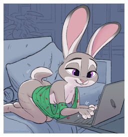 anthro breasts butt clothing computer electronics female fur furniture laptop nipples shirt smile sofa solo topwear amadose disney zootopia judy_hopps lagomorph leporid mammal rabbit 2023 hi_res