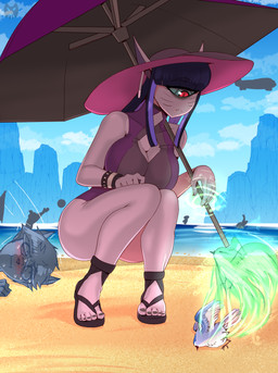 beach blush clothing detailed_background feathered_wings feathers female group outside sand sea seaside sky swimwear water wings roadiesky zamora_(roadiesky) avian bird cyclops humanoid hi_res