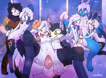 abs accessory ahegao antennae_(anatomy) anthro balls black_body black_fur blue_body blue_hair blue_skin bodily_fluids bodyguard_position breasts brown_body brown_fur building digitigrade female femboy floor floppy_ears fluffy fluffy_tail foreskin from_behind_position fur fur_markings genital_fluids genitals green_markings grey_eyes group group_sex hair hair_accessory hairclip heart_eyes heart_symbol holding_penis hooves horn kneeling looking_pleasured male male/female male/male markings orange_eyes orgy penis penis_awe seated_carry_position sex sitting skyscraper smile standing standing_sex sweat tail tail_tuft tan_body tan_fur tile tile_floor tuft vaginal_fluids white_body white_fur white_hair white_skin window wings yellow_eyes krishadraws mythology krisha_russel yoona_long arthropod bear bovid canid canine canis caprine dragon insect lepidopteran mammal moth mythological_creature mythological_scalie scalie sheep wolf hi_res