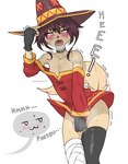 anthro blush bodily_fluids breasts cleavage clothed clothing dialogue female fur hair open_mouth simple_background solo sweat sweaty_armpit sweaty_body sweaty_breasts tail text tongue mashakseh konosuba:_god's_blessing_on_this_wonderful_world! megumin_(konosuba) canid canine fox mammal digital_media_(artwork) english_text hi_res