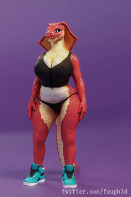 anthro big_breasts big_tail bikini bikini_bottom black_bikini black_clothing black_swimwear bottomwear breasts clothed clothing countershade_face countershade_tail countershade_torso countershading expansion female footwear huge_breasts looking_at_viewer midriff multicolored_body navel red_body red_scales scales shoes simple_background snake_hood solo swimwear tail thick_thighs two-piece_swimsuit f-euphrates ember_(f-euphrates) cobra hybrid reptile scalie snake 2:3 3d_(artwork) 3d_animation animated digital_media_(artwork) no_sound short_playtime video