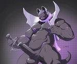 anthro balls biped black_balls black_body black_penis bodily_fluids erection genital_fluids genitals grey_background humanoid_genitalia humanoid_penis machine male muscular muscular_anthro muscular_male penis precum purple_body simple_background solo white_body no_swift robot 2022 digital_media_(artwork) hi_res