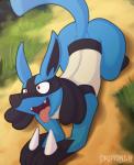 2019 ambiguous_gender anthro bdsm blue_body blue_fur butt day detailed_background digital_media_(artwork) dripponi fur generation_4_pokemon grass hi_res lattynskit lucario nintendo open_mouth outside petplay plant pokemon pokemon_(species) puppyplay red_eyes roleplay semi-anthro solo teeth tongue
