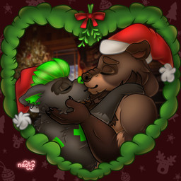 anthro christmas_clothing christmas_decorations christmas_headwear clothing duo hat headgear headwear holidays kissing love male mistletoe plant santa_hat naoto christmas cammobear bear brown_bear grizzly_bear mammal procyonid raccoon ursine 1:1 absurd_res hi_res