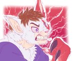 abstract_background ambiguous_gender angry anthro brown_hair cheek_tuft chest_tuft claw_growth claws clothing ear_expansion expansion facial_tuft fangs finger_claws fur fur_growth growling growth gums hair human_to_anthro mid_transformation pink_nose purple_clothing purple_eyes purple_shirt purple_topwear red_body red_fur shirt short_hair snout snout_growth solo species_transformation teeth topwear transformation tuft white_body white_fur fizzy-dog nintendo pokemon generation_3_pokemon human mammal pokemon_(species) zangoose absurd_res hi_res