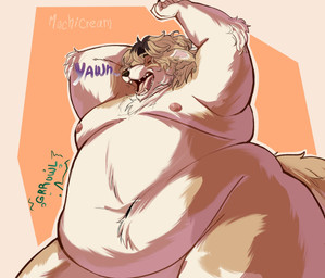 5_fingers after_vore anthro black_claws black_eyebrows black_nose claws deep_navel eyebrows featureless_crotch fingers fur hair male moobs multicolored_body multicolored_fur multicolored_hair navel nipples obese obese_anthro obese_male open_mouth overweight overweight_anthro overweight_male pink_nipples pink_tongue sharp_teeth solo tail tan_hair teeth tongue vore white_body white_fur yawn mochi_cream38 canid canine canis domestic_dog mammal hi_res shaded