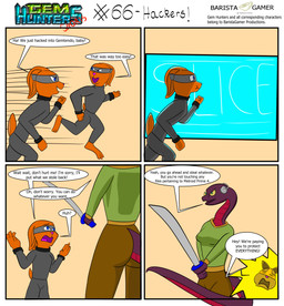 anthro bottomwear clothing cochlear_implant_processor deaf dialogue female katana male mask melee_weapon pants running shirt shocked slashing sword text topwear weapon baristagamerproductions ada_(gem_hunters) background_character ailurid lagomorph leporid mammal rabbit red_panda reptile scalie snake absurd_res comic english_text hi_res
