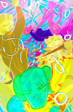 anthro bite breasts clothing drunk drunk_sex duo female fur hair horn legwear psychedelic stockings substance_intoxication tail brradett kat_(irresistable) lernie_(brradett) felid feline mammal scalie absurd_res colored comic digital_media_(artwork) hi_res