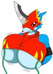 anthro big_breasts blue_body blue_skin breast_expansion breasts expansion female hose hose_in_nipple huge_breasts nipple_fetish nipple_penetration nipple_play nipples penetration simple_background solo white_background day-tripper-guy bandai_namco digimon digimon_(species) flamedramon hi_res