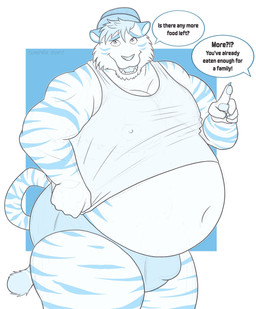 anthro belly big_belly bulge claws clothed clothing clothing_pull detailed_bulge dialogue embarrassed exposed_belly fur gesture hair hand_gesture hat headgear headwear male markings musclegut muscular muscular_anthro muscular_male navel nipple_outline obese obese_anthro obese_male offscreen_character open_mouth open_smile overweight overweight_anthro overweight_male raised_finger raised_index_finger shirt shirt_pull smile solo speech_bubble standing striped_body striped_fur striped_markings striped_tail stripes stuffing tail tail_markings text tiger_tail topwear topwear_pull tundrarodi felid mammal pantherine tiger artist_name english_text hi_res
