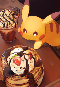 ambiguous_gender beverage brown_eyes dessert feral food fruit ice_cream markings menu open_mouth pancake paws plant solo strawberry striped_markings stripes text yellow_body chufflepop nintendo pokemon eevee generation_1_pokemon pikachu pokemon_(species) 2026 english_text hi_res