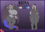 anthro belly big_breasts big_butt blep blonde_hair blue_border border breasts butt claws facial_markings female floppy_ears front_view fur grey_body grey_fur hair head_markings horn markings rear_view solo tail toe_claws tongue tongue_out wing_jewelry wings midnightex1 mythology riona_(riona_hexagon) dragon hybrid lagomorph mammal mythological_creature mythological_scalie scalie absurd_res hi_res model_sheet