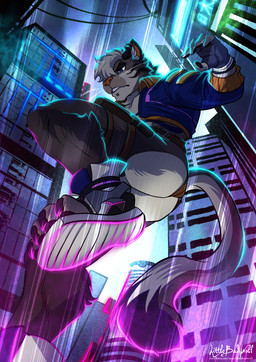 action_pose anthro athletic athletic_male black_ears blue_eyes butt cheek_tuft chin_piercing chin_stud city clothing cropped_jacket cyberpunk detailed_background ear_piercing ear_ring facial_tuft fingerless_gloves footwear fur futuristic gloves grey_body grey_fur hair handwear inner_ear_fluff male multicolored_body multicolored_fur multicolored_tail perspective piercing pose ring_piercing sandals science_fiction shoes solo tail text thong tuft underwear white_body white_fur white_hair white_inner_ear_fluff littlebadwolf cai_caddell felid mammal absurd_res hi_res url andromorph_(lore)