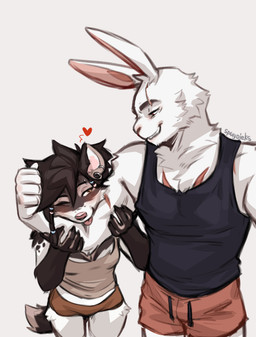 anthro athletic_wear black_clothing black_shirt black_tank_top black_topwear blep bottomwear brown_hair clothed clothed_female clothing duo ear_piercing eyebrow_scar eyebrows facial_piercing facial_scar female flexing flexing_bicep fully_clothed fully_clothed_female fur gauged_ear gym_bottomwear gym_shorts hair interspecies long_ears male male/female muscular muscular_anthro muscular_male nose_piercing nose_ring piercing ring_piercing scar shirt shorts smile tank_top tongue tongue_out topwear white_body white_fur spuydjeks marshall_(spuydjeks) spuydjeks_(character) hyena lagomorph leporid mammal rabbit 2025 absurd_res hi_res