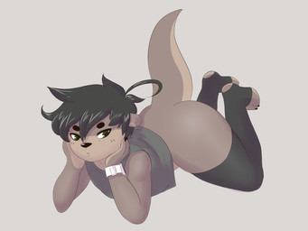3_toes ahoge all_fours anthro big_butt black_claws black_clothing black_footwear black_hair black_legwear black_nose black_stockings bottomless brown_body brown_fur brown_hair butt claws clock clothed clothing crop_top feet finger_claws footwear fur grey_background grey_clothing grey_shirt grey_topwear hair legwear male raised_tail shirt simple_background solo stockings tail tan_body tan_fur tank_top thick_thighs toe_claws toeless_legwear toeless_stockings toes topwear watch wide_hips wristwatch mr-shin shin_(mr-shin) mammal mustelid otter river_otter 4:3 hi_res