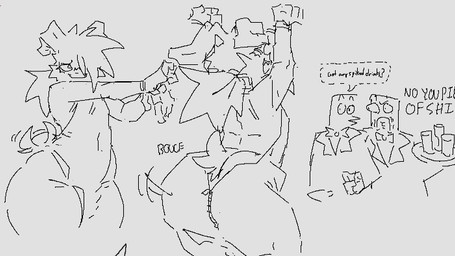 anthro butt butt_focus clothed clothing dancing fur group hair hair_over_eye male one_eye_obstructed onomatopoeia open_mouth ponytail rear_view smile sound_effects tail tail_motion tailwag text trio ghastlybum amari_(scared_bum) lagomorph leporid mammal rabbit tagme