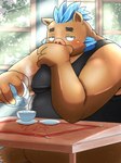 anthro belly big_belly blush brown_body clothing detailed_background humanoid_hands kemono male overweight overweight_male shirt sitting solo topwear inunodaidokoro lifewonders tokyo_afterschool_summoners ganglie_(tas) mammal suid suina sus_(pig) wild_boar 2024 absurd_res hi_res