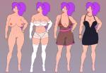 1_eye babydoll big_breasts bra breasts camel_toe clothing dress female genitals hair leggings legwear lipstick makeup muscular muscular_female nightgown nipples not_furry nude off/on panties purple_hair pussy translucent translucent_clothing underwear hear_(artist) comedy_central futurama turanga_leela humanoid multiple_versions