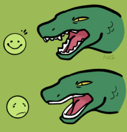 ambiguous_gender comparison eyebrows frown green_background green_body green_scales open_mouth pupils scales sharp_teeth simple_background slit_pupils smile teeth yellow_sclera ncs scalie hi_res