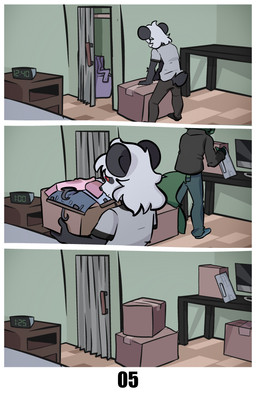 bed black_body black_bottomwear black_clothing black_ears black_fur black_jacket black_pants black_topwear bottomwear box car clock clothing container duo electronics fur furniture green_body green_fur green_tail hair heterochromia jacket keyboard male monitor moving pants red_eyes shirt table tail topwear vehicle arch3y absurd_res comic hi_res
