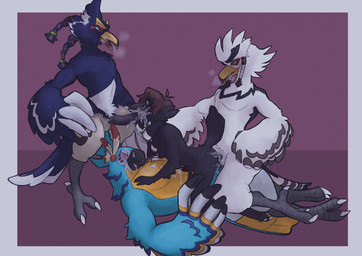 anal anal_penetration anthro avian_feet balls bareback beak beak_fetish beak_play beak_sex beakjob big_penis black_body black_feathers blue_body blue_feathers blue_hair bodily_fluids braided_hair brown_hair canon_x_oc claws cum cum_in_ass cum_in_mouth cum_inside cum_on_penis cum_while_penetrated cumshot dominant double_anal double_penetration ejaculation feathered_wings feathers feet fellatio foursome gangbang genital_fluids genitals group group_sex hair larger_anthro larger_dom larger_male long_penis male male/male male_penetrated male_penetrating male_penetrating_male non-mammal_balls open_beak open_mouth oral penetration penile penis penis_size_difference sex size_difference smaller_anthro smaller_male smaller_penetrated spitroast tail tail_feathers toes white_body white_feathers winged_arms wings y-dactyl skyfangz breath_of_the_wild nintendo the_legend_of_zelda corvus_(corvuscantum) kass_(tloz) revali teba_(tloz) avian bird corvid corvus_(genus) crow oscine passerine rito