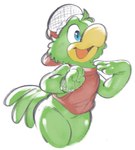 anthro beak blue_eyes bottomless bracelet clothed clothing feathers green_body green_feathers hat headgear headwear jewelry male shirt solo tank_top topwear saltbathedslug disney jose_carioca avian bird parrot hi_res