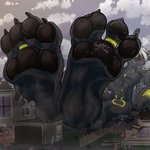 4_toes 5_fingers ambient_silhouette ambiguous_gender anthro anthro_focus anthrofied athletic athletic_anthro athletic_male barefoot big_feet biped black_body black_claws black_eyebrows black_fur black_nose black_pawpads broken_building building car cheek_tuft city claws clothed clothing cloud crush day destruction detailed_background digit_ring dust eyebrows facial_tuft feet fence fingers fluffy fluffy_tail foot_focus front_view fur fur_markings fur_tuft garage grin group hair half-closed_eyes hand_on_belly head_tuft house jewelry larger_anthro larger_male looking_down low-angle_view lying macro macro_focus male male_focus markings micro mostly_nude narrowed_eyes necklace on_back on_ground on_paw outside paw_tuft pawpads paws pecs plantigrade pokemorph rampage red_eyes red_sclera relaxing ring ring_(marking) rubble sadism scared short_hair silhouette size_difference sky smaller_ambiguous smaller_anthro smaller_human smaller_male smile smoke solo_focus standing tail teeth three-quarter_view toe_ring toes tuft under_foot under_paws vehicle white_hair window wood yellow_markings beherit nintendo pokemon fan_character moonlight_(ramsusxiii) ambient_bird ambient_flier ambiguous_species avian bird canid canine eeveelution generation_2_pokemon human mammal pokemon_(species) umbreon 1:1 2017 digital_drawing_(artwork) digital_media_(artwork) hi_res