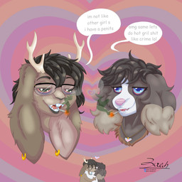 anthro antlers blue_eyes brown_body brown_fur brown_hair brown_markings buckteeth dialogue drugs duo eyewear fangs female female/female floppy_ears fur glasses green_eyes grey_body grey_fur grey_hair hair heart_symbol horn kissing lgbt_pride marijuana markings pride_colors profanity red_sclera smile smoking smoking_marijuana substance_intoxication tan_body tan_fur tan_markings teeth text transgender_pride_colors white_body white_fur white_markings conditional_dnp zer0rebel4 discord_(app) telegram yoshi_and_toad_kissing autumn_(zer0rebel4) antelope bird_dog border_collie bovid canid canine canis collie domestic_dog hare herding_dog hunting_dog hybrid jackalope lagomorph leporid mammal mixed_breed pastoral_dog sheepdog spaniel 1:1 absurd_res english_text headshot_portrait hi_res meme portrait shaded soft_shading trans_(lore) trans_woman_(lore)
