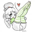 anthro blush bottomless breasts butt clothed clothing female fur hair heart_symbol legwear looking_at_viewer one_eye_closed simple_background solo tongue tongue_out wink yellow_body yellow_fur pandaischub animal_crossing nintendo isabelle_(animal_crossing) canid canine canis domestic_dog mammal shih_tzu toy_dog 1:1 2019 hi_res