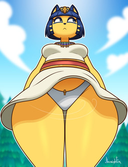 anthro biped blue_hair breasts clothed clothing detailed_background dress eyelashes female hair mouth_closed outside panties pupils solo thick_thighs underwear wide_hips yellow_body jhenightfox animal_crossing nintendo ankha_(animal_crossing) domestic_cat felid feline felis mammal hi_res