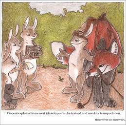 ambiguous_gender anthro bound bridle camera feral group mount muzzle_(object) muzzled reins rider saddle text rebane canid canine fox lagomorph leporid mammal rabbit comic crayon_(artwork) english_text traditional_media_(artwork)