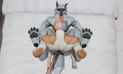 anal anal_penetration anthro bed bedding blanket butt cheek_tuft claws duo erection facial_markings facial_tuft fluffy fluffy_tail fur furniture fuzzy genitals glistening glistening_body grey_body grey_fur head_markings head_tuft high-angle_view holding_both_legs holding_legs_up humanoid_genitalia humanoid_penis inside kneeling leg_grab legs_up looking_up lying male male/male markings mask_(marking) multicolored_body multicolored_fur muscular muscular_anthro muscular_male nude obscured_penetration on_back on_bed open_mouth pawpads penetration penis red_eyes sex tail teeth tuft pajadoscantando1 dollymolly323_(modeler) valorlynz_(modeler) dreamworks epic_games fortnite puss_in_boots_(franchise) death_(puss_in_boots) meowscles calico_cat canid canine canis domestic_cat felid feline felis mammal wolf 3d_(artwork) absurd_res crossover digital_media_(artwork) hi_res