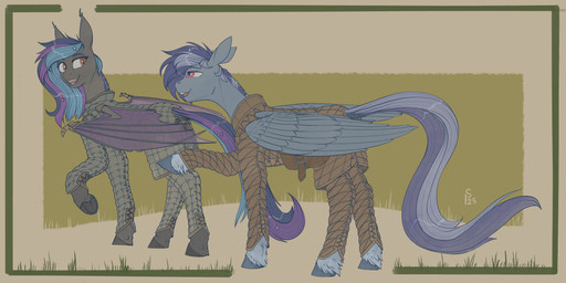armor clothed clothing duo feathered_wings feathers female feral fetlocks gambeson hair hooves male male/female membrane_(anatomy) membranous_wings multicolored_hair open_mouth simple_background tail wings stray_prey hasbro my_little_pony mythology fan_character stellar_wind bat_pony equid equine horse mammal mythological_creature mythological_equine pegasus pony 2025 2:1 absurd_res digital_drawing_(artwork) digital_media_(artwork) hi_res