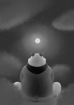 anthro black_body black_ears black_fur clothed clothing cloud fur grass grey_body grey_fur grey_sky grey_tail hoodie male moon overweight plant short_ears short_tail simple_background sitting sky solo star tail topwear white_body white_fur pandaandy bear giant_panda mammal absurd_res character_request digital_media_(artwork) hi_res monochrome