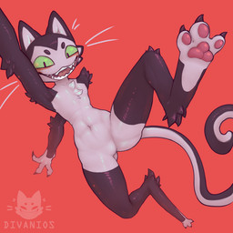 3_toes anthro claws digitigrade feet fluffy fur green_eyes happy jumping male nude pawpads purple_body purple_fur simple_background smile solo tail toes whiskers white_body white_fur divanios divanios_(character) felid feline humanoid imp mammal 1:1 absurd_res hi_res