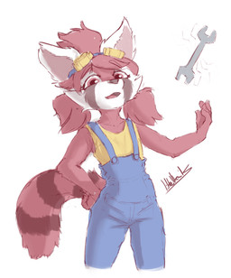 anthro clothing eyewear eyewear_on_head female fur goggles goggles_on_head hair overalls overalls_only red_body red_eyes red_fur red_hair solo tail tools wrench liltelltails gunfire_reborn nona_(gunfire_reborn) ailurid mammal red_panda absurd_res hi_res