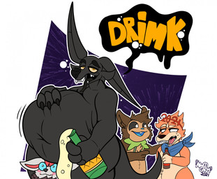 anthro belly big_belly black_body black_fur blush bottle container dialogue fangs fur group half-closed_eyes hand_on_belly holding_belly holding_object holidays looking_at_viewer male mouth_closed narrowed_eyes navel nude obese obese_anthro obese_male open_mouth overweight overweight_anthro overweight_male scarf speech_bubble tail teeth text tongue tongue_out wide_eyed awoogasm new_year new_year_2021 ebony_(awoogasm) anubian_jackal canid canine canis jackal mammal 2021