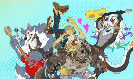 1_horn 4_ears abs anthro arm_scar barazoku bass_guitar black_body black_claws black_clothing black_fur black_gloves black_handwear black_shirt black_tank_top black_topwear blue_body blue_bottomwear blue_clothing blue_fur blue_jeans blue_pants bottomwear bracelet braided_pigtails brown_clothing brown_footwear brown_sandals carrying_another claws clenched_teeth clothed clothing collar cymbals denim denim_bottomwear denim_clothing detailed_background djembe_(drum) dodging drum ear_piercing ear_ring eighth_note electronics eye_scar facial_scar fangs feet finger_claws fingerless_gloves footwear fur gloves gold_(metal) gold_ear_ring gold_jewelry gold_necklace green_clothing green_shirt green_topwear grey_body grey_fur group guitar guitar_pick hair hair_over_eyes hand_scar handwear heart_symbol highlights_(coloring) holding_drumstick holding_microphone holding_object horn jeans jewelry lightning_bolt lip_scar long_hair male microphone multi_ear multicolored_body multicolored_fur muscular muscular_anthro muscular_male musical_instrument necklace nipples on_shoulders on_top_of_another open_clothing open_mouth open_shirt open_topwear orange_highlights pants pawpads percussion_instrument piercing playing_guitar playing_music plucked_string_instrument purple_highlights red_claws red_clothing red_underwear riding_on_shoulder ring_piercing rock_band rocking_out sandals scar shirt shoes shorts silver_ear_ring smile soles speaker spiked_bracelet spikes star string_instrument tail tail_tuft tan_body tan_fur tank_top teal_bottomwear teal_clothing teal_highlights teal_shorts teeth text toe_claws tongue tongue_out topless topwear torn_bottomwear torn_clothing torn_jeans torn_pants torn_shirt torn_topwear tuft two_tone_body two_tone_fur underwear white_body white_fur yellow_body yellow_eyes yellow_fur rafacr dislyte lilith_games mythology bruno_(rossciaco) freddy_(dislyte) sui_zai_(dislyte) wenlock canid canine canis coyote mammal mythological_canine mythological_creature nian_(species) werecanid werecanine werecreature werewolf wolf artist_name hi_res