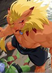 abs anthro blonde_hair blush bulge duo green_body hair high-angle_view licking licking_lips looming_over male male/male mane muscular muscular_anthro muscular_male navel pecs shirtless tongue tongue_out tusks gaoemon3 bandai_namco digimon digimon_(species) felid leomon lion mammal ogremon pantherine absurd_res hi_res