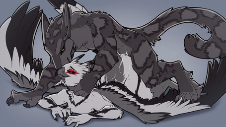 ambiguous_penetration anthro anthro_on_anthro anthro_penetrated anthro_penetrating anthro_penetrating_anthro asphyxiation beak bodily_fluids choking claws cum cum_inside dominant dominant_anthro dominant_male duo female female_anthro finger_claws from_behind_position fur genital_fluids grey_body grey_fur hand_around_neck looking_pleasured lying male male/female male_anthro markings on_front penetration rear_admiral_position sex spots spotted_body spotted_fur spread_wings tail wings ruaidri bfct_(ruaidri) takane_(runapup) accipitriform avian bird felid mammal secretary_bird 16:9 hi_res widescreen